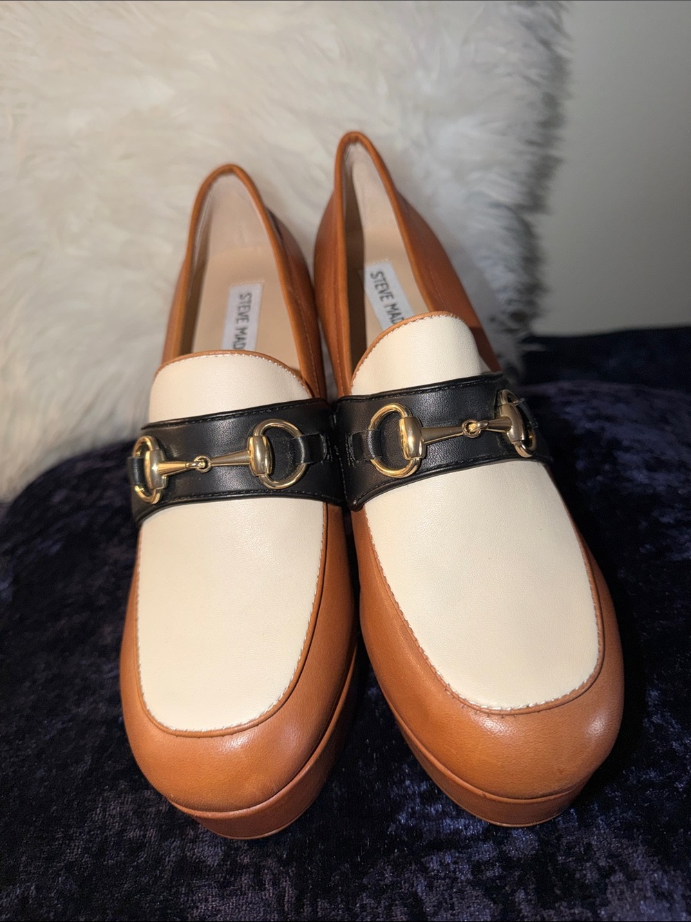 Steve Madden Two-Tone Tan, Cream & Black Leather Loafers